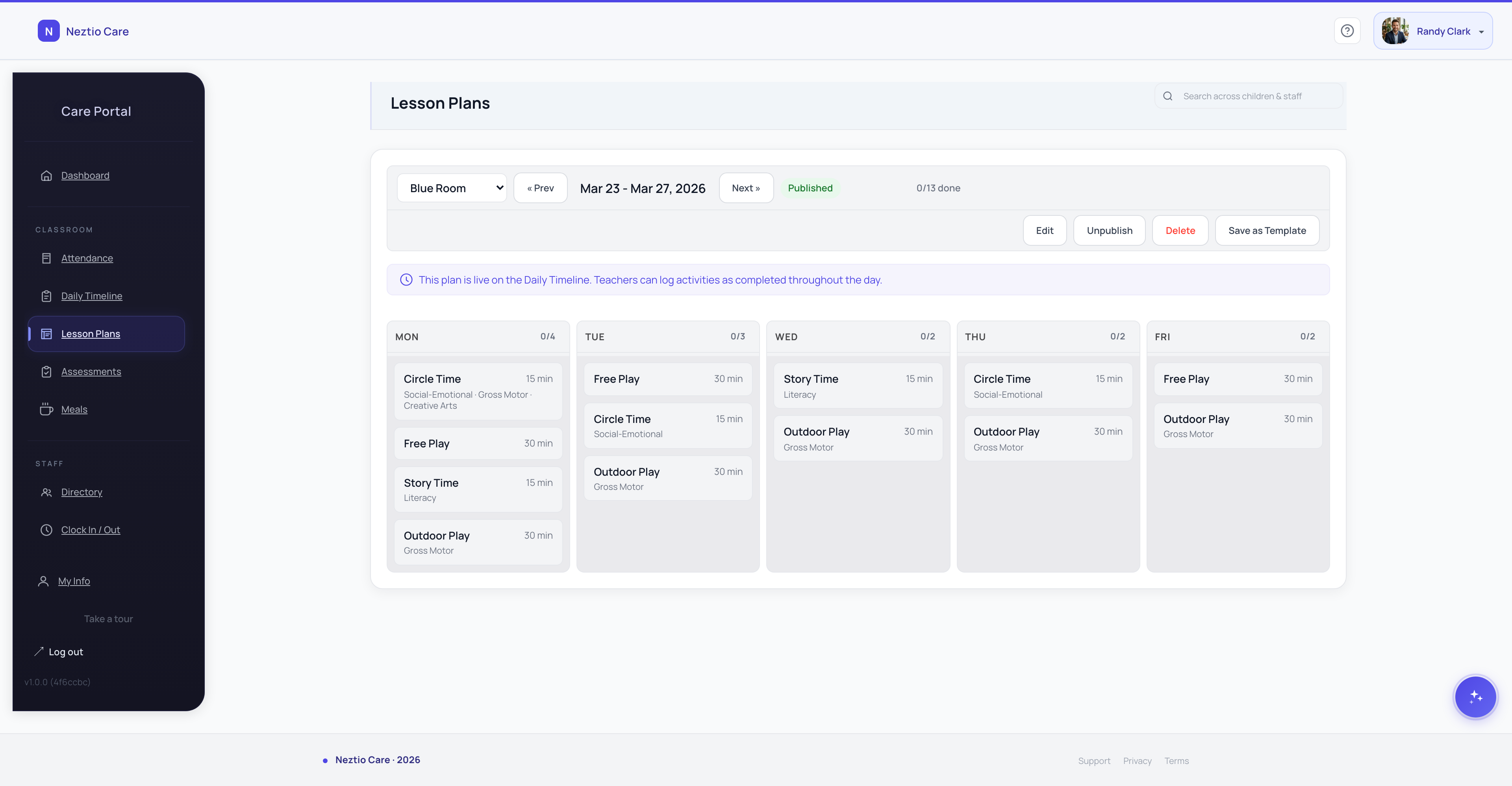 Neztio lesson plan builder with weekly calendar and classroom assignments